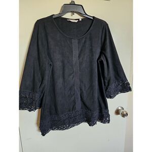 Soft Surroundings Susina Faux Suede Lace Top Bell Sleeve Black Women's‎ Size M